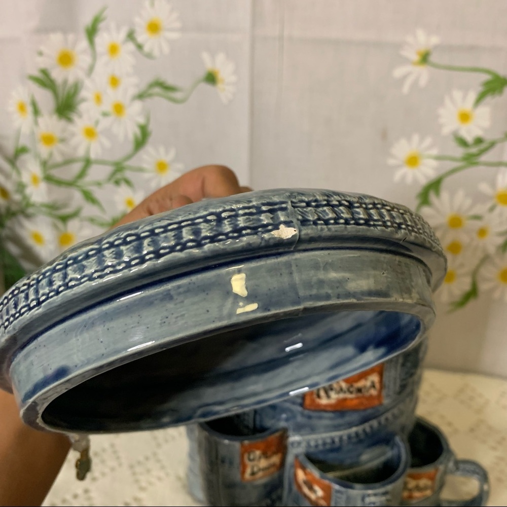 Vintage 70s denim look lidded ceramic canister - Picture 12 of 13